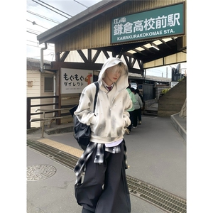 美式高街复古扎染珍珠点缀喷绘连帽卫衣男女休闲百搭宽松开衫上衣图片