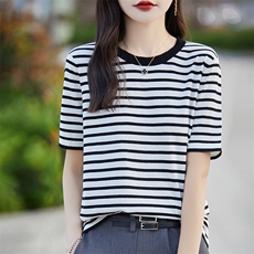 夏季拼色精纺羊毛针织短袖女圆领条纹半袖T恤打底衫宽松内搭上衣，女装羊毛衫，朝贺羊绒