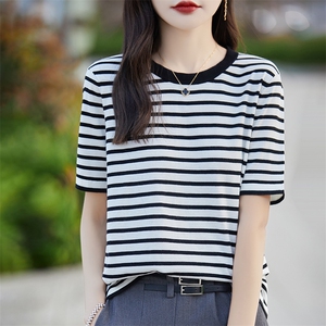 夏季拼色精纺羊毛针织短袖女圆领条纹半袖T恤打底衫宽松内搭上衣图片