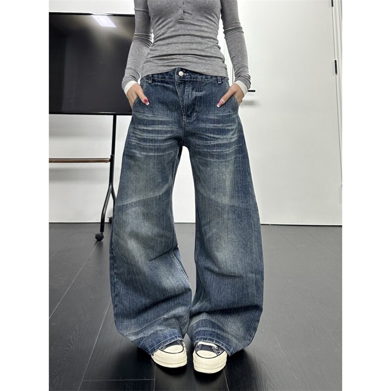 有货。竹节纹阔腿牛仔裤男女宽松直筒RK3419-P58，男装牛仔裤，星座412-3