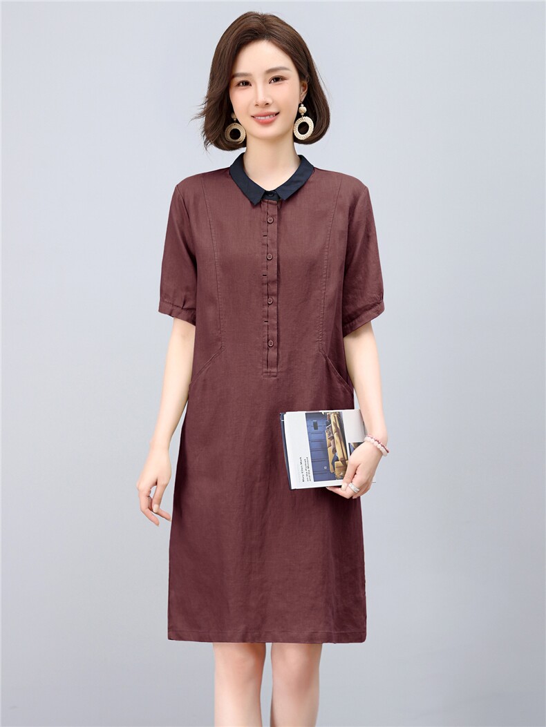 2025年夏季优雅气质天丝亚麻小翻领半开时尚休闲连衣裙,女装连衣裙,依恋蒂丝