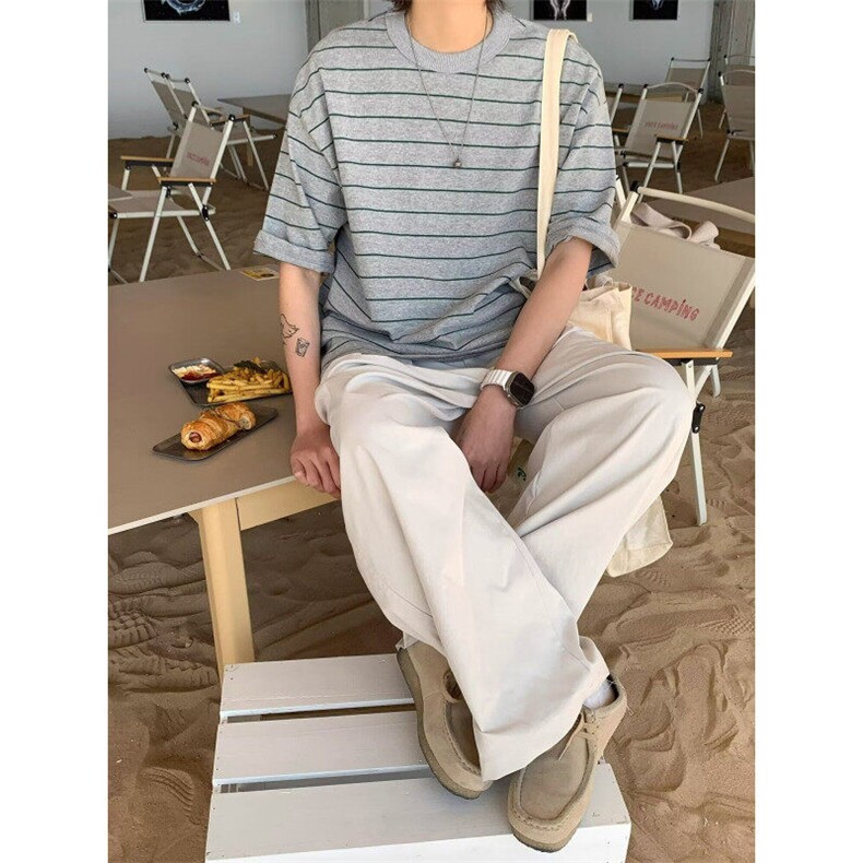 条纹短袖T恤夏季宽松百搭小个子中性潮流美式复古休半袖TX45,男装T恤,星座1116A（原606A-3）