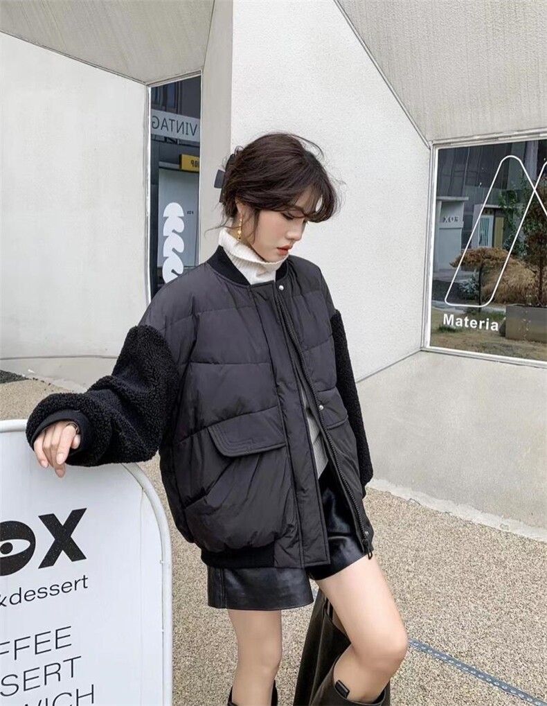 现货羊羔毛拼接羽绒服，女装羽绒服，爱美欧