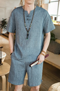 风夏款薄款棉麻休闲盘扣复古短袖T恤短裤男冰丝套装 A807 P55图片