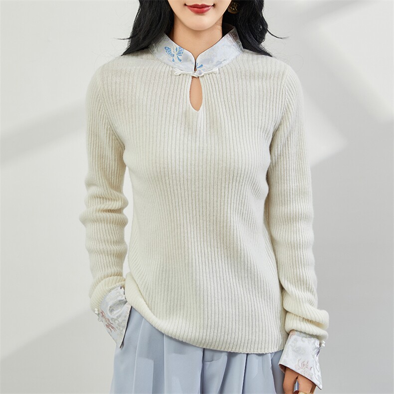 优雅气质女装羊绒衫秋冬新品原创中式长袖针织衫显瘦修身保暖毛衣，女装羊绒衫，美够羊绒