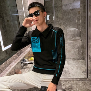 WY6035-P58控782021春秋季新款社会小伙套头卫衣男网红上衣,胖子男生穿衣白黑色搭配图片