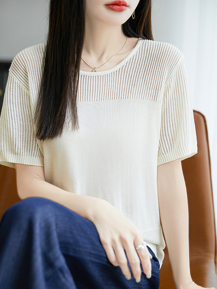 其他常规夏季短袖2025年夏季圆领T恤女宽松显瘦垂感小衫上衣,女装T恤,暖圣羊羊绒