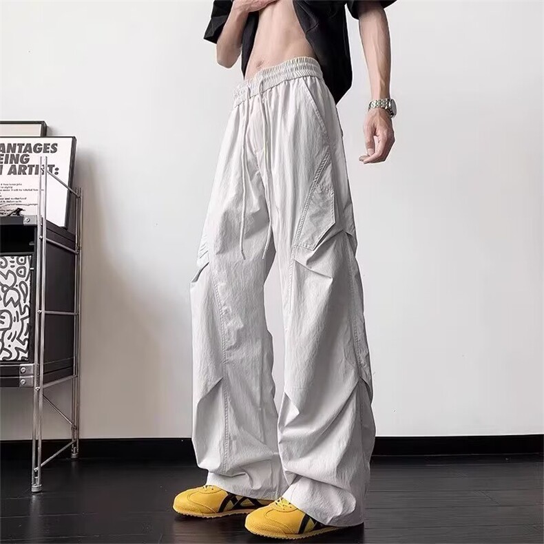 美式复古机能伞兵裤女秋季松紧腰宽松直筒阔腿裤束脚工装裤子，男装工装外套，星座506A