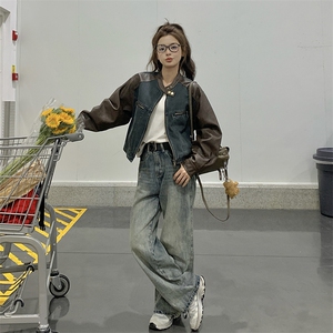 美式复古牛仔拼接皮衣外套女2025年春季新款今年流行小个子短外套图片