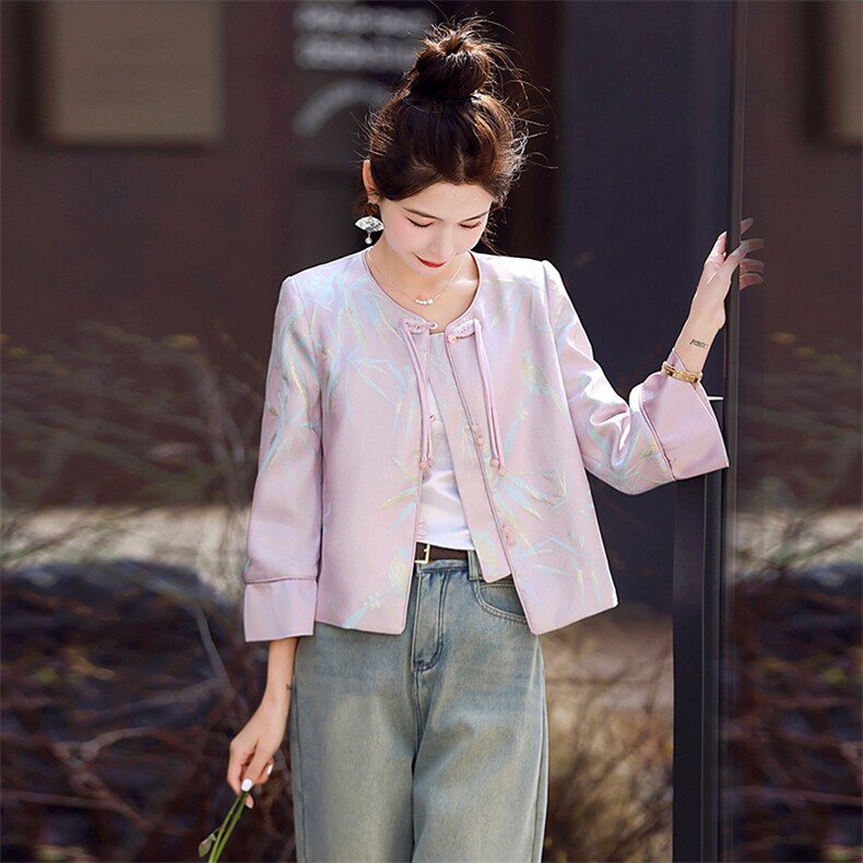 新中式外套女2024春秋新款小个子高级感国风短款圆领粉色印花上衣,女装短外套,姿衣坊
