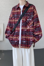 衬衫男秋季新款港风宽松大码格子扎染刺绣长袖衬衣CS3016-P38，男装衬衫，星座214-3