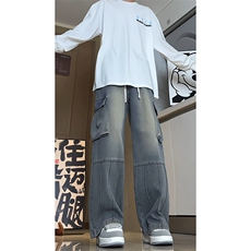 工装牛仔裤男秋季新款直筒美式痞帅大口袋拼接裤子-A1158P55控88，男装牛仔裤，电商B241