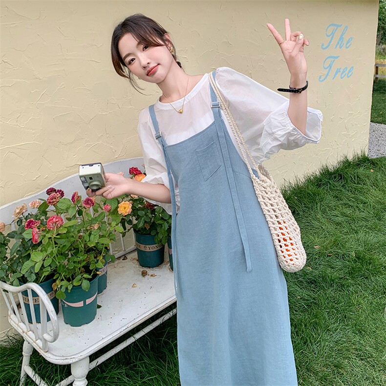 清纯甜美韩系氛围感连衣裙女夏2025新款慵懒松弛感减龄背带裙套装，女装套装/套裙，维壹