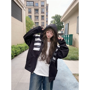 高品质春装新款美式高街潮牌解构设计休闲连帽卫衣男女慵懒风外套图片