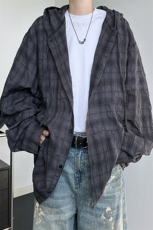 廓形防晒衬衫男夏季长袖冰丝薄款亚麻格子衬衣开衫外套CS29006P50，男装衬衫，电商B312
