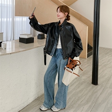 黑色机车风立领PU皮衣外套女2025秋季新款美式复古时髦显瘦夹克潮，女装短外套，2C095