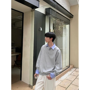 假两件撞色拼接衬衫领卫衣男女秋季长袖翻领宽松上衣 TY6624图片