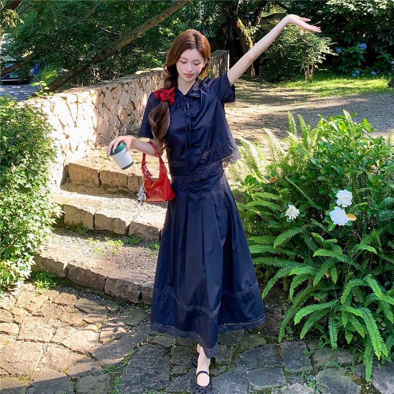 蕾丝拼接娃娃领系带上衣松紧腰半裙学院风套装女,女装套装/套裙,水衣源