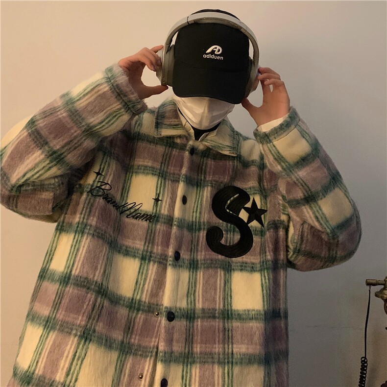 高级感小香风格子毛呢外套衬衫男女刺绣加厚冬季夹克棉服J8111,男装夹克,星座1116A-1（原606A）