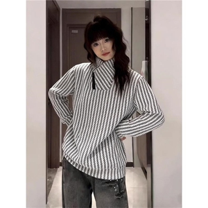 高品质春装新款老钱风美式高街鱼骨纹斜拉链解构高领卫衣长袖t恤图片