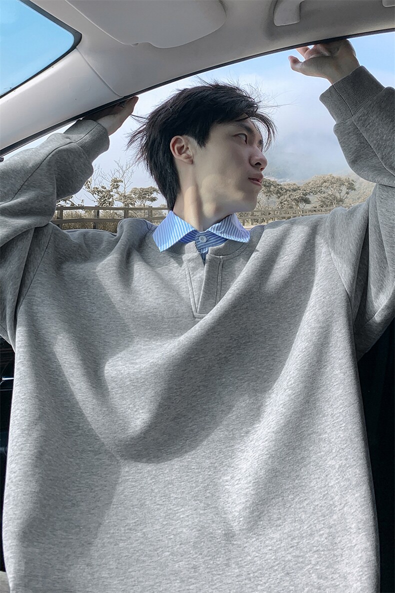 特批P40无差价条纹拼接420g重磅假两件Polo领华棉大码卫衣男W5432,男装卫衣,电商A001-1