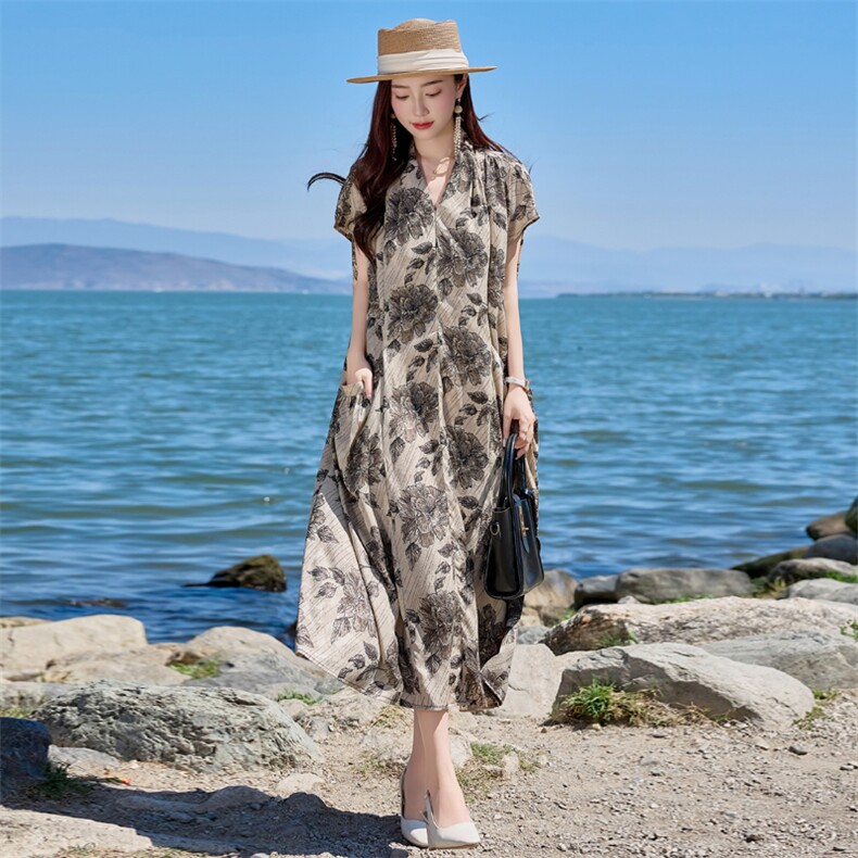 年轻妈妈夏装连衣裙2025新款中老年女装贵夫人夏季印花收腰裙子,女装连衣裙,简古