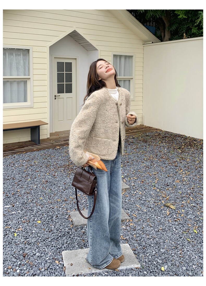 韩系气质上衣小香风花边拼接毛呢外套女冬，女装毛呢外套，浙宝212A