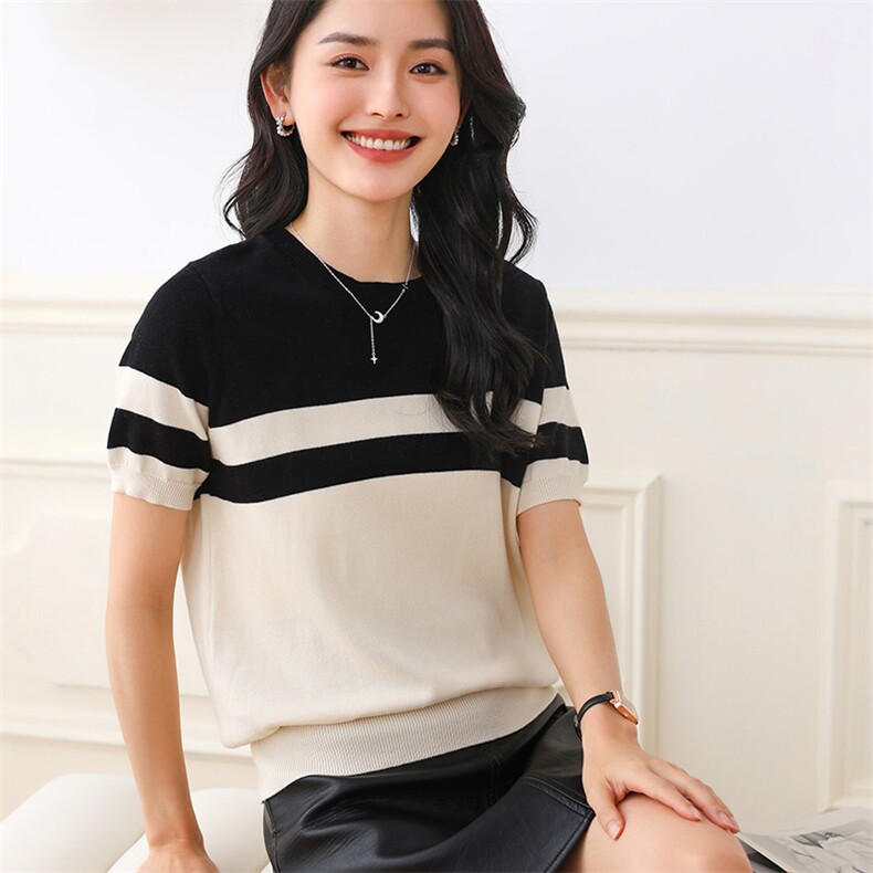2025夏季新款圆领套头黑白拼色纯棉短袖女士时尚气质亲肤透气T恤,女装T恤,伊绒腾羊绒