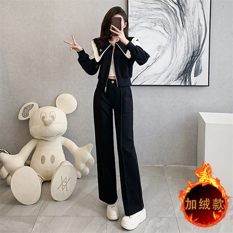 女秋冬加绒加厚新款运动服阔腿裤两件套图片