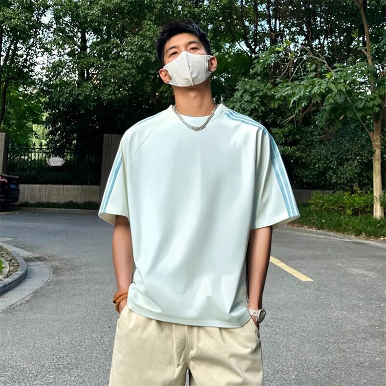 抖音得物品质二开240克宽松纯棉美式潮牌印花三条杠中性风短袖T恤,男装T恤,电商A486-1