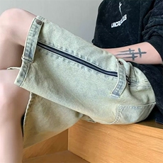 日系复古简约水洗做旧牛仔短裤男女夏季宽松直筒阔腿五分休闲裤子，男装牛仔裤，四季星座505