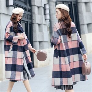 双面羊绒大衣秋冬装宽松小清新格子80%羊毛呢外套，女装毛呢外套，美吧服饰