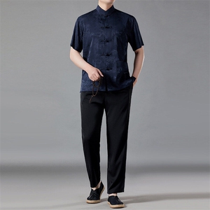 风高品质山水画提花唐装男装夏季透气中式汉服爸爸套装图片
