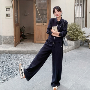 韩系套装女2025秋季新款一整套穿搭条纹披肩卫衣外套阔腿裤两件套图片