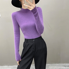 秋冬新款半高领针织衫女套头毛衣抽条打底衫时尚百搭修身显瘦内搭，女装羊绒衫，织绒羊