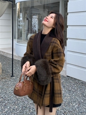 现货新款双面羊绒大衣带袖毛格子配腰带时尚洋气，女装双面呢大衣，然然