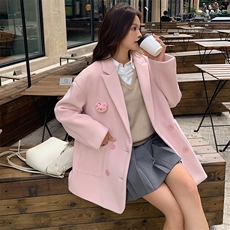 粉色毛呢西装外套春秋女2025新款韩系甜气小个子双面呢小西服，女装西装，天使之佳话