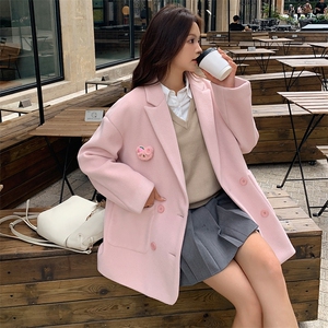 粉色毛呢西装外套春秋女2025新款韩系甜气小个子双面呢小西服图片