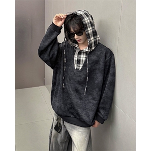 WY10150-特批50 控98  新款小众撞色拼接格子假两件大帽子卫衣图片