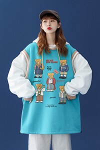 中性 秋季潮流5小熊印花宽松拼接撞色卫衣 B176  P65控88加绒P75图片
