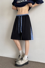 D206-18XL-M复古拼接短裤男宽松格子裤刺绣五分裤高级感DK1541，男装牛仔裤，电商D206-1