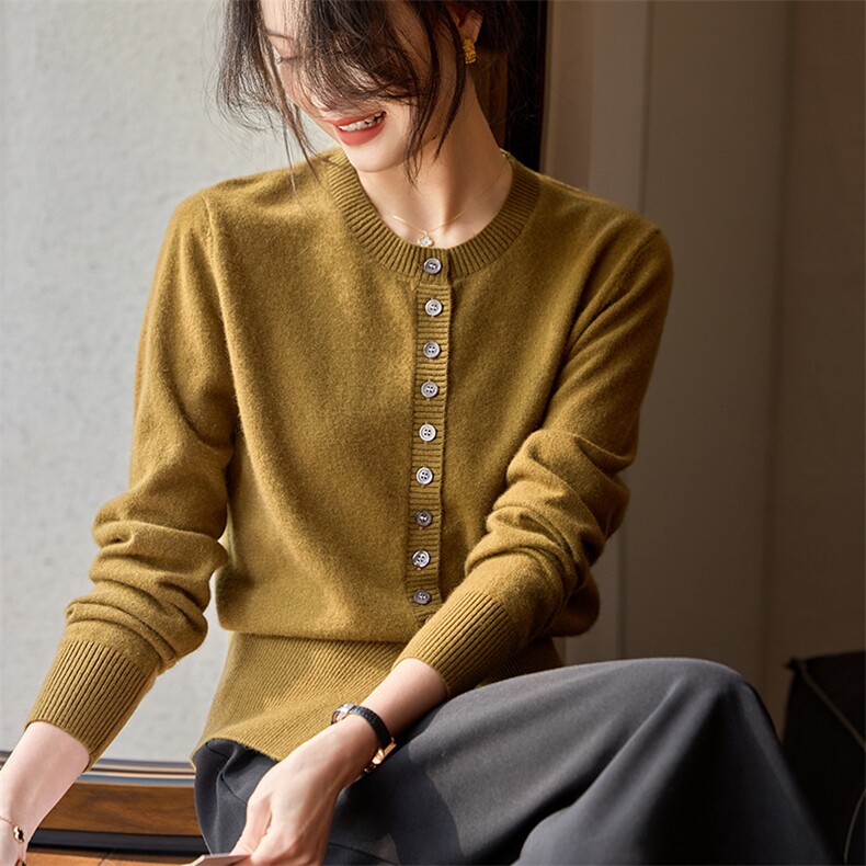 2025新款圆领开衫女士时尚纯山羊绒高端纯色毛衣针织长袖外套,针织衫/毛衣,江帆羊绒