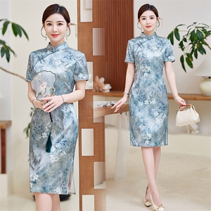 高级感杭州真丝长裙复古印花连衣裙女春夏日常专柜品质潮流桑蚕丝，女装汉服/婚纱/旗袍/礼服，小荷流