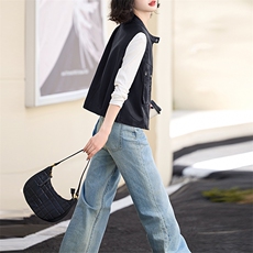 2024秋季新款女装PU皮衣复古立领机车服夹克外套女式马甲，女装马甲，美拉德工厂直营店