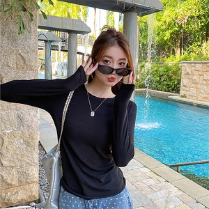 莫代尔圆领打底衫女2024年秋冬季休闲风纯色长袖T恤宽松百搭上衣，女装T恤，君汇