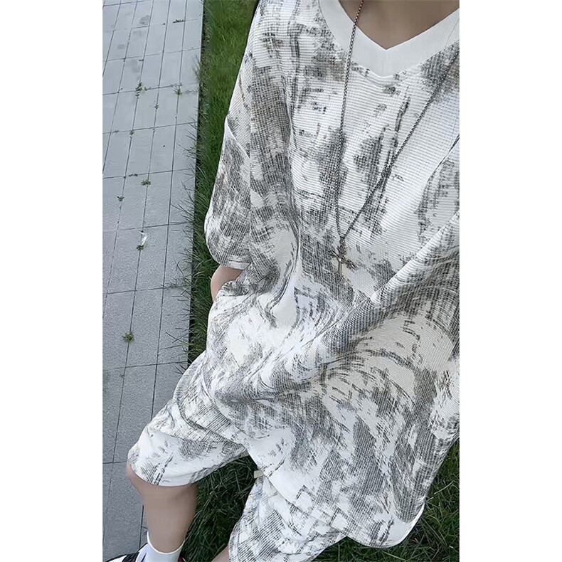 特批P45无差价夏季百搭痞帅扎染V领宽松时尚短袖短裤套装男TZ5365,男装休闲套装,电商A001-1