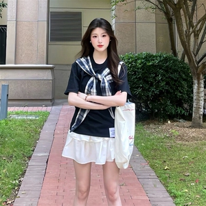 拼接格子布装饰 高品质260克双纱纯棉美式高街短袖T恤 特P35图片