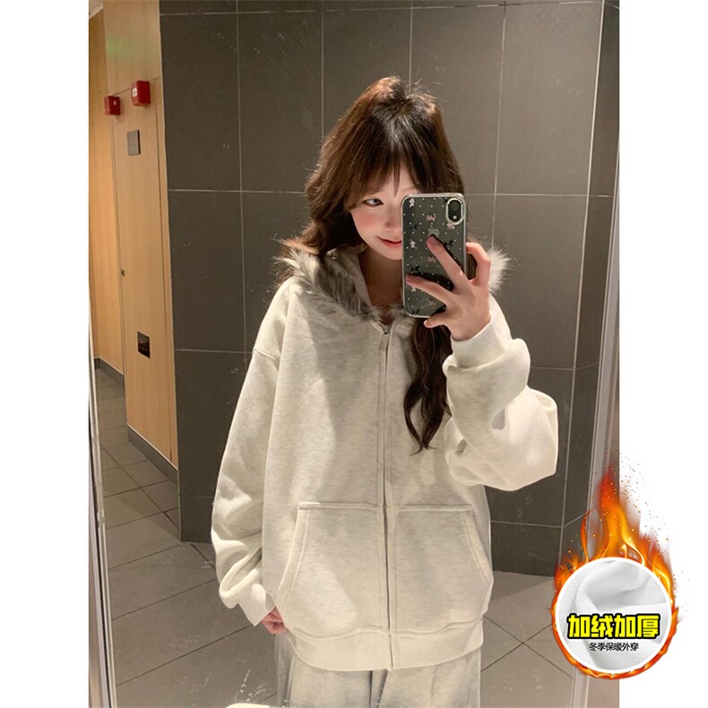 480G重磅加绒硬挺boxy秋冬美式高街超大毛领座山雕连帽卫衣厚外套，女装短外套，电商A486