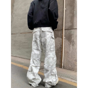 美式水洗雪地迷彩多口袋牛仔工装裤男女同款风直筒微喇休闲裤图片