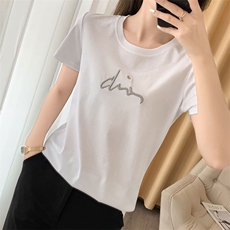 丝光棉烫钻烫画刺绣短袖t恤女夏季新款韩版宽松显瘦百搭圆领上衣，女装T恤，元素羊绒